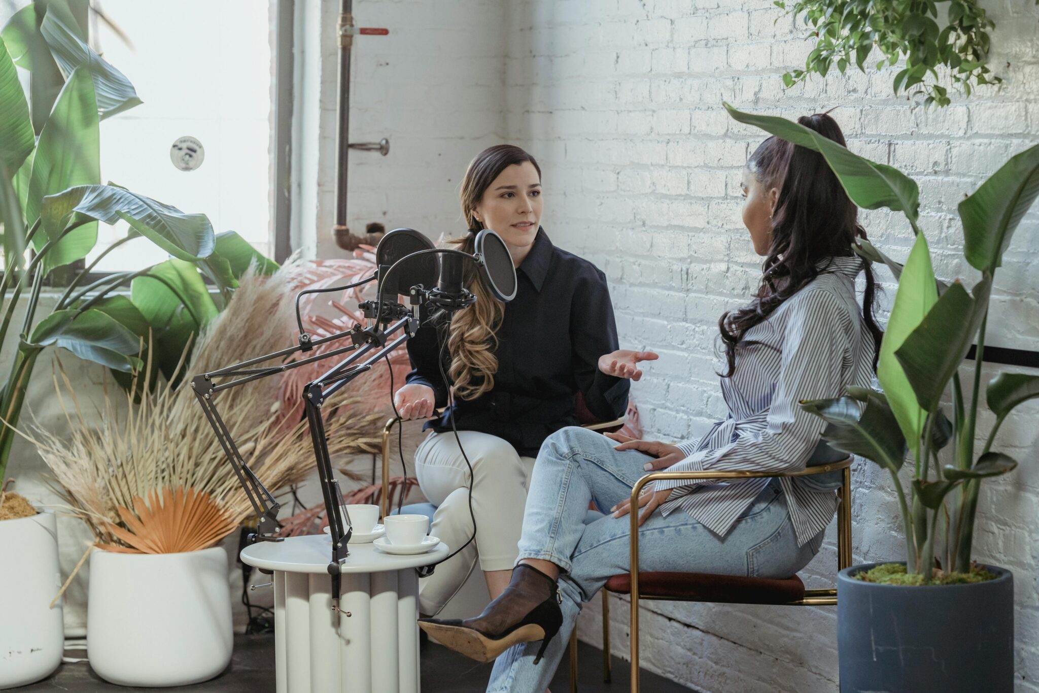 Diverse stylish friends discussing vogue near microphone in contemporary studio with green plants in daytime